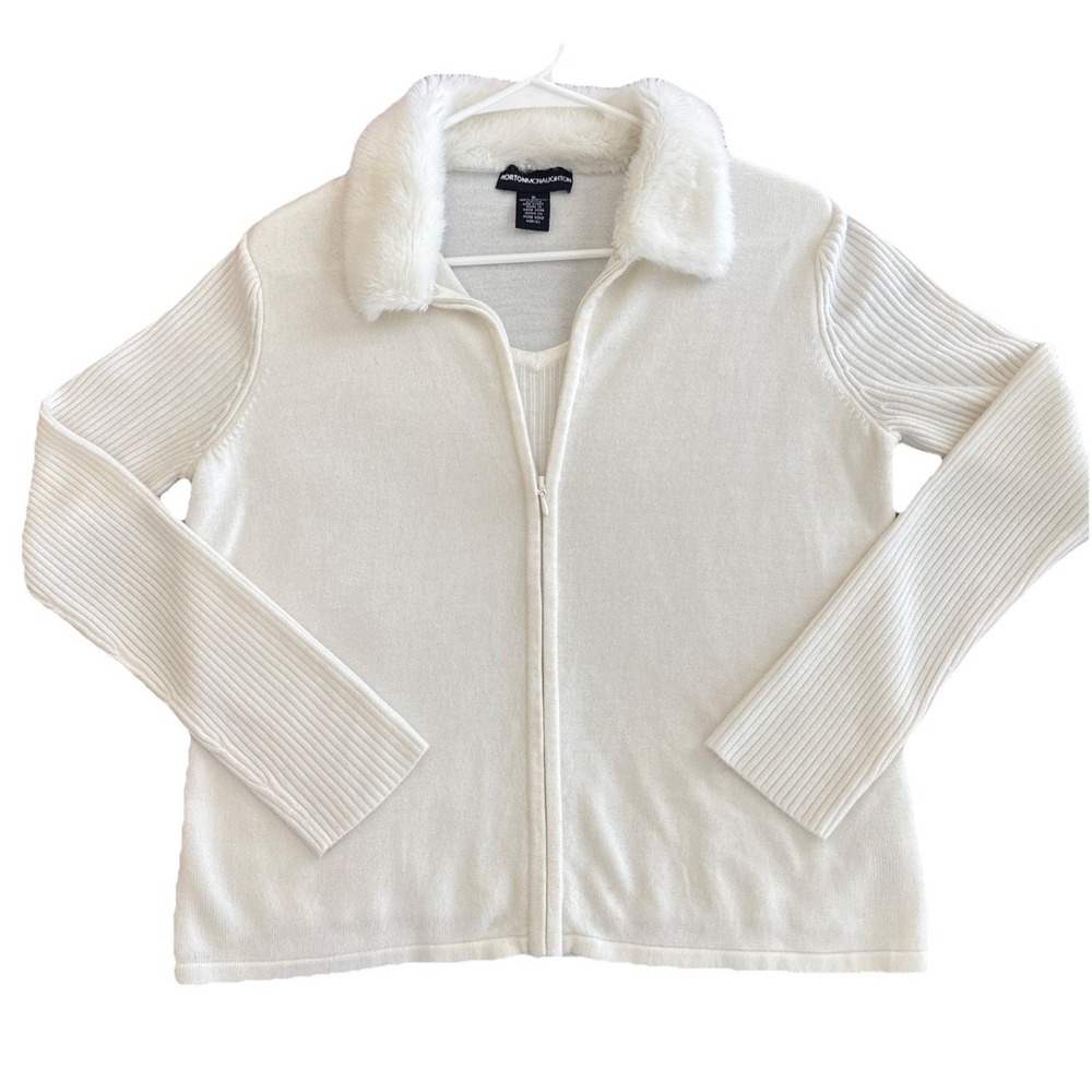Norton McNaughton Sweater Women's White Excellent Faux Fur Zip Cardigan Sz Small